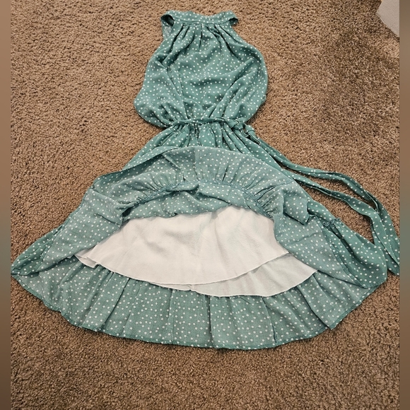 Drape & Ruffle Detailed Green & White Polka Dot Dress, Size Large - Picture 4 of 7